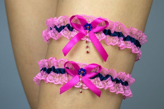 HANDMADE Set of 2 Fuchsia Satin Silver White GARTER TOSS Prom Wedding Bridal
