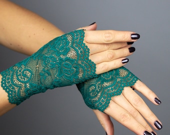 JKJF Fingerlose Spitzenhandschuhe – Blumenmuster, Schwarz, Für Hochzeit, Party, Cosplay & Halloween