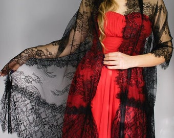 Black lace shawl wrap shrug wedding dress, 180 x 40 cm, luxury lace, black lace, spanish shawl, bridal shawl, spider lace