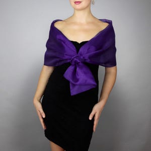 Può includere: Un scialle di chiffon viola annodato in un fiocco sul davanti. Lo scialle è realizzato in un tessuto leggero ed è perfetto per aggiungere un tocco di eleganza a qualsiasi outfit.