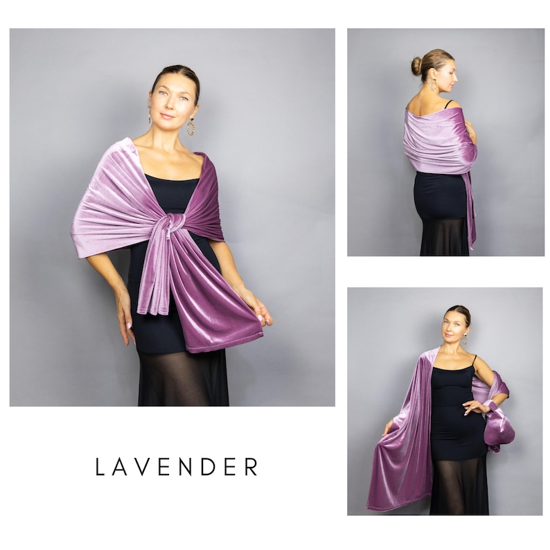 May include: A lavender-colored velvet shawl draped over a black dress. The shawl is tied in the front, creating a layered effect. The word "LAVENDER" is printed in white at the bottom of the image. The shawl appears soft and luxurious.