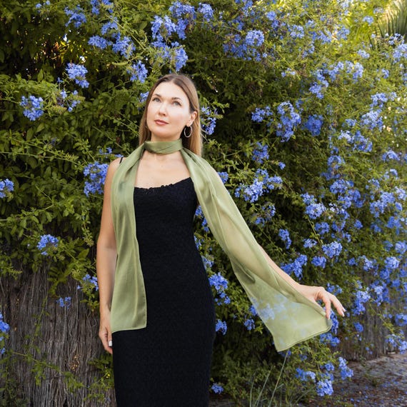 black dress with green scarf Pistacho Long Chiffon Scarf Neck Scarf Flowy Sheer Scarf Light Elegant Accessories Sheer Green Scarf Sage Green Scarf Sage Scarf matching shawl for green dress