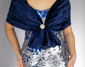 Scialle in velluto blu lavorato a specchio con filo multicolore Tilla – Amazel Designs