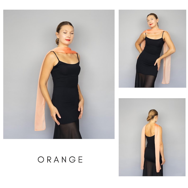 May include: A woman wearing a black dress and a long, peach-colored scarf. The scarf is draped over the shoulders and hangs down the front. The word "ORANGE" is written in white block letters at the bottom of the image.