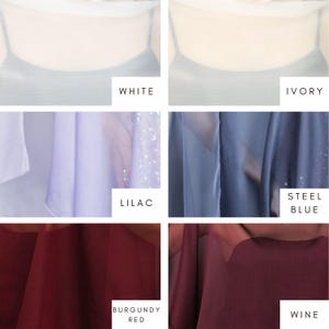 May include: Fabric swatches in a range of colours: white, ivory, lilac, steel blue, burgundy red, and wine. Each swatch is labelled with its colour name. The fabrics appear to be sheer and lightweight.
