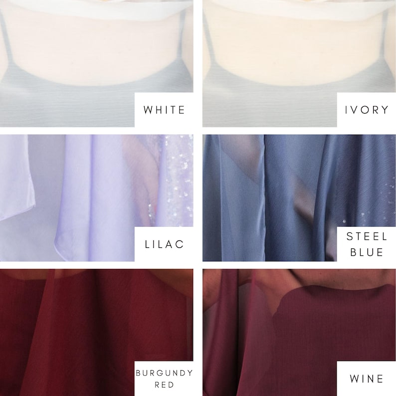 May include: Fabric swatches in a range of colours: white, ivory, lilac, steel blue, burgundy red, and wine. Each swatch is labelled with its colour name. The fabrics appear to be sheer and lightweight.