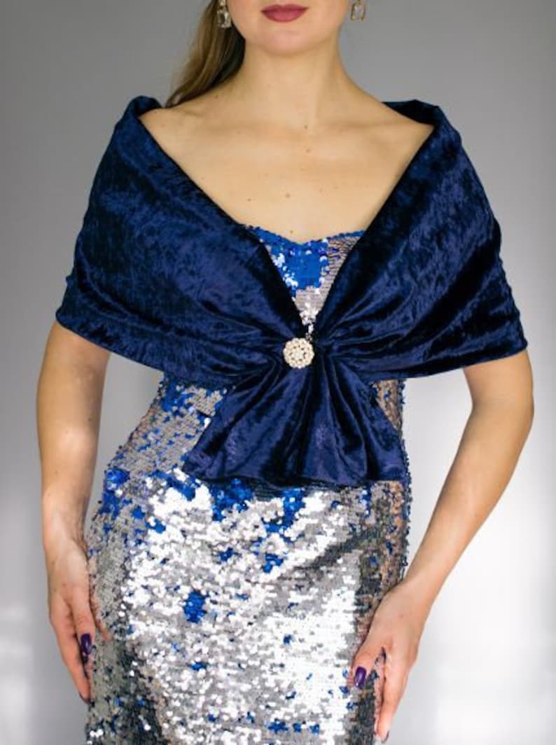 Velour / velvet stole shawl wrap shrug wedding dress, navy blue wrap , navy blue marine blue shawl bolero wedding accessory wrapon brooch image 1