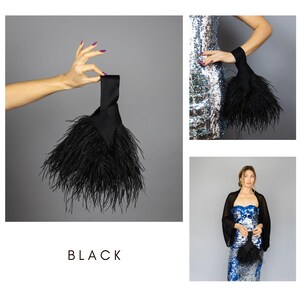 May include: A black clutch bag with a wrist strap, trimmed with black feathers. The image shows the clutch in different settings, including one held by a person. The word "BLACK" is displayed at the bottom of the image.
