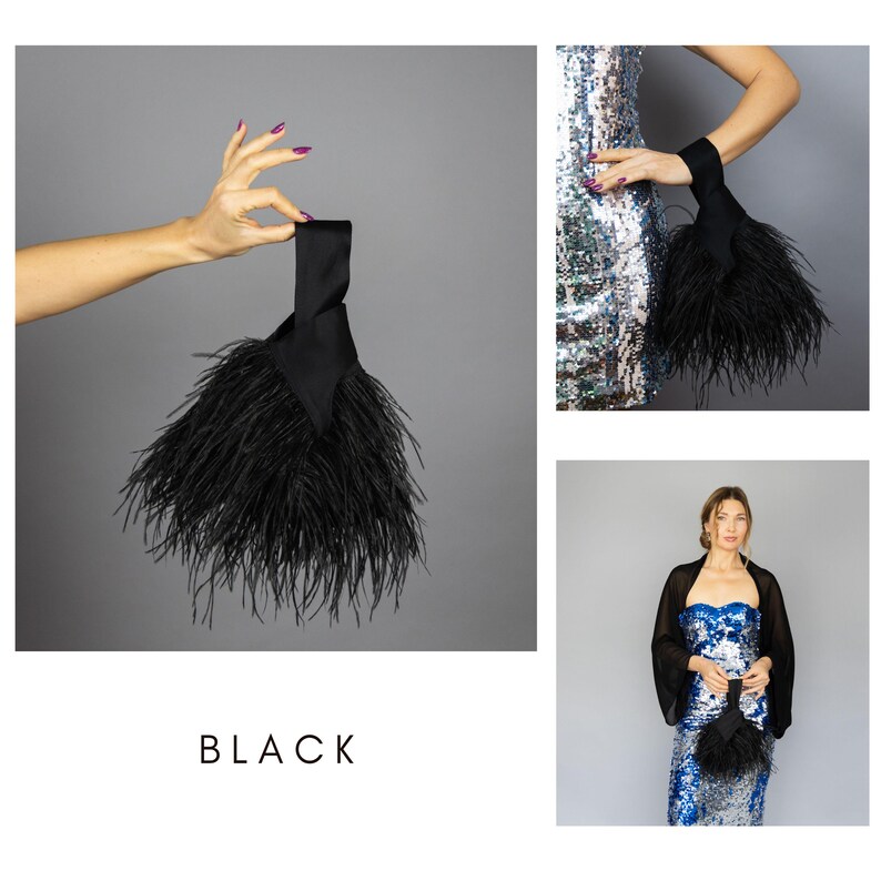 May include: A black clutch bag with a wrist strap, trimmed with black feathers. The image shows the clutch in different settings, including one held by a person. The word "BLACK" is displayed at the bottom of the image.