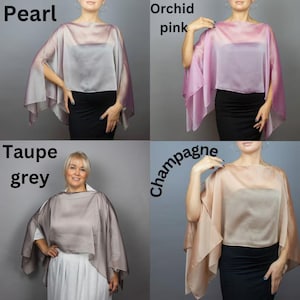 May include: Four different colored silk shawls, in the colors of pearl, orchid pink, taupe grey, and champagne. Each shawl is draped over a model wearing a black top and skirt.