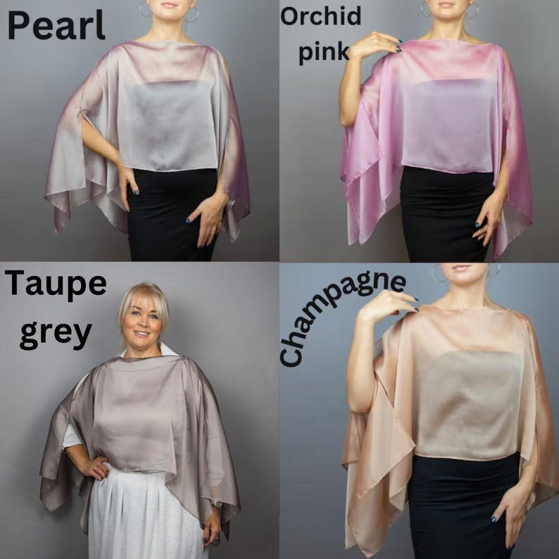 May include: Four different colored silk shawls, in the colors of pearl, orchid pink, taupe grey, and champagne. Each shawl is draped over a model wearing a black top and skirt.