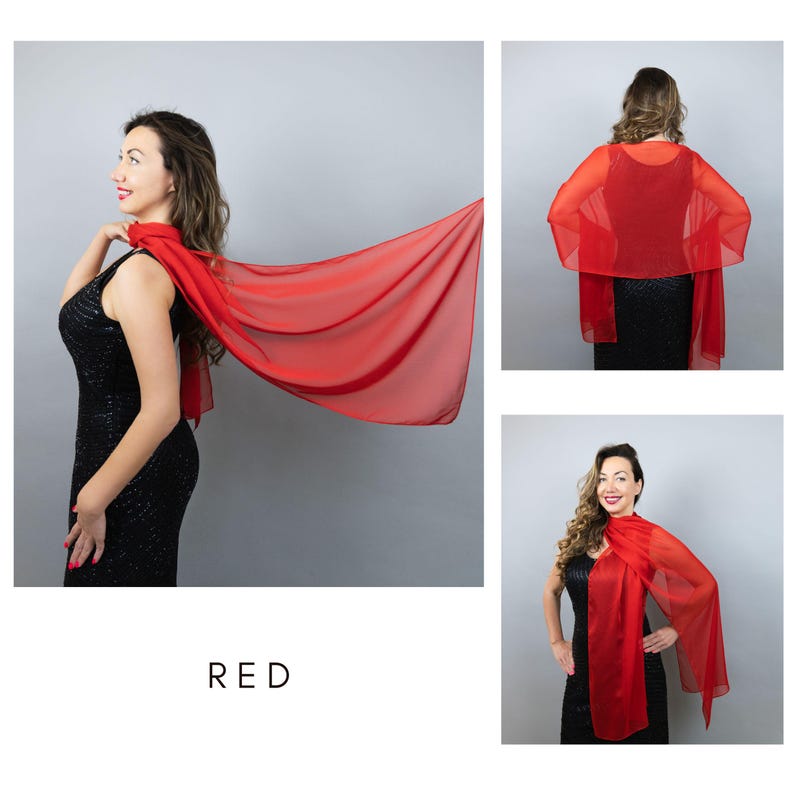 May include: A flowing red shawl is worn over a black dress. The image shows the shawl from different angles. The word "RED" is at the bottom of the image.