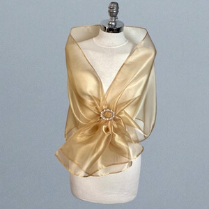 May include: A gold sheer shawl with a pearl and rhinestone brooch. The shawl is draped over a white dress form.