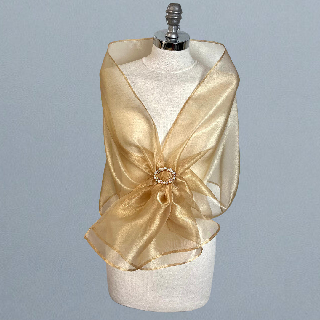 Organza wrap shawl bolero with a buckle in gold, blue green or colors, woman organza wrap, deep green shrug, woman scarf, golden scarf