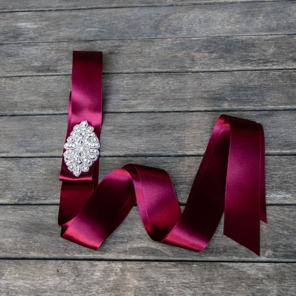 Rhinestones bridal sash wedding sash satin ribbon mariage burgundy bordeaux red wine  or silver grey sash embroidered  2 mtr long