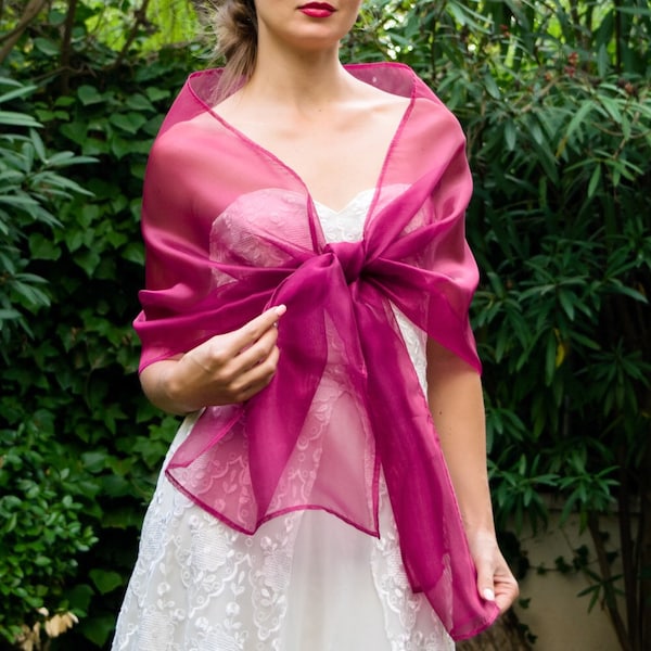 Chal de organza, capa, bolero fucsia, rosa, novia, fiesta, vestido de noche, comunión, complemento mujer, verano, primavera