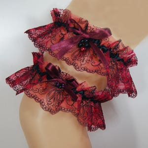 Set of 2 garters keepsake garter tossing garter wedding burgundy black bordeaux crystal beads
