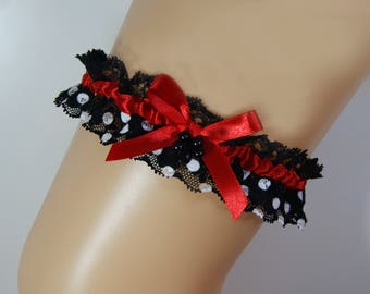 Polka dot Betty Boop jarretière noir blanc rouge mariage mariage porte-jarretelles lancer jarretière dentelle jarretièrePoints de polar noir blanc rouge style flamenco