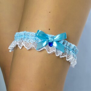 Blue Light blue garter for your wedding, hen night lace bridal garter tossing garter wedding gift garter Crystal heart