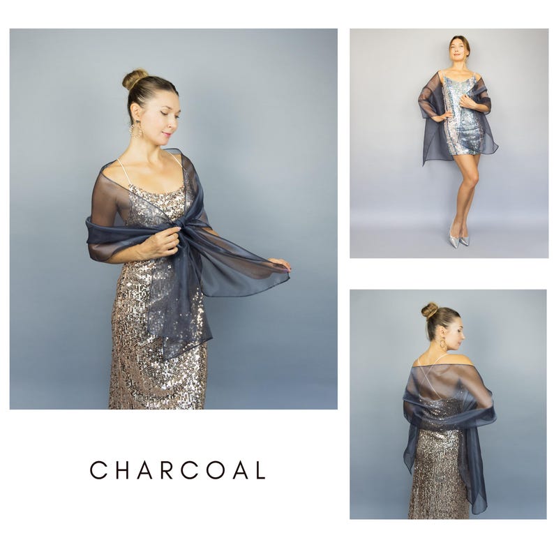 Light grey organza wrap silver grey sheer shawl scarf light grey sheer shrug bridesmaids scarf woman sheer scarf evening shawl prom Charcoal