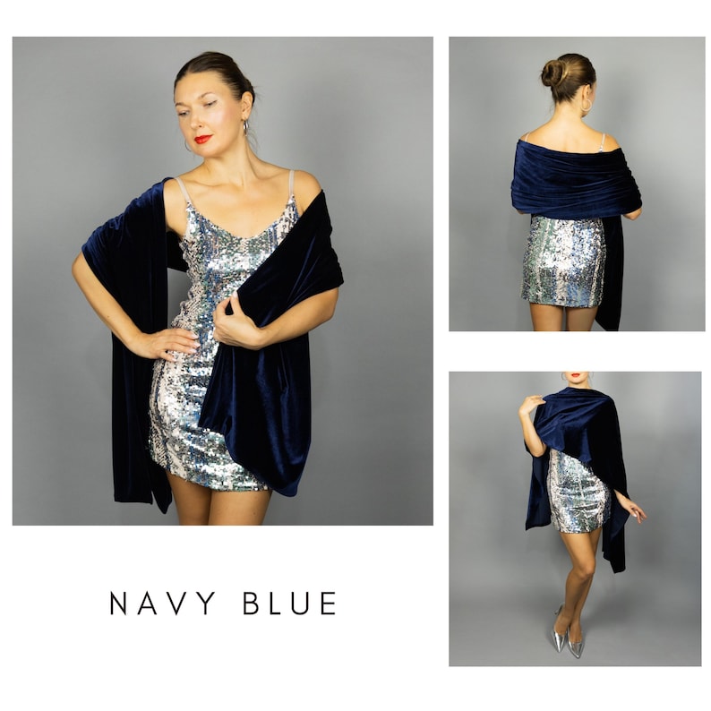 May include: A woman wearing a navy blue velvet shawl over a silver sequin dress. The image includes multiple views of the outfit, showcasing the shawl's drape and the dress's sparkle. The text "NAVY BLUE" is at the bottom.