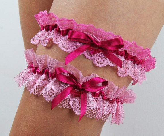 Fuchsia Pink Garter Set Lace Garter Wedding Keepsake Bridal Gift