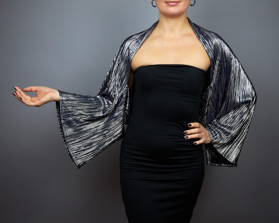 blue bolero jackets for evening dresses Navy Blue short sleeve wedding satin bolero jacket, Large main image 1