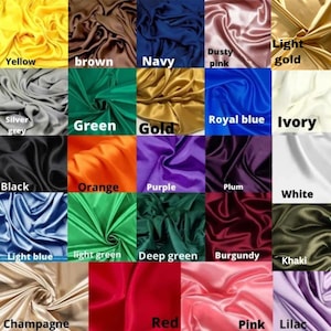 May include: A chart of 25 different colored fabric swatches. The swatches are arranged in a 5x5 grid. Each swatch is labeled with a color name, such as "Yellow", "Brown", "Navy", "Dusty Pink", "Light Gold", "Silver Grey", "Green", "Gold", "Royal Blue", "Ivory", "Black", "Orange", "Purple", "Plum", "White", "Light Blue", "Light Green", "Deep Green", "Burgundy", "Khaki", "Champagne", "Red", "Pink", and "Lilac".