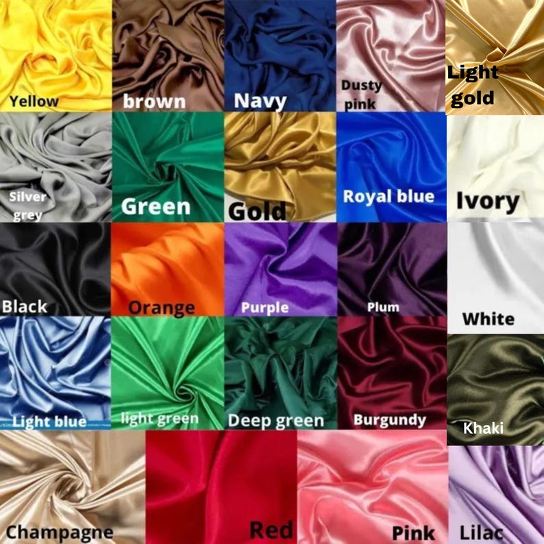 May include: A chart of 25 different colored fabric swatches. The swatches are arranged in a 5x5 grid. Each swatch is labeled with a color name, such as "Yellow", "Brown", "Navy", "Dusty Pink", "Light Gold", "Silver Grey", "Green", "Gold", "Royal Blue", "Ivory", "Black", "Orange", "Purple", "Plum", "White", "Light Blue", "Light Green", "Deep Green", "Burgundy", "Khaki", "Champagne", "Red", "Pink", and "Lilac".