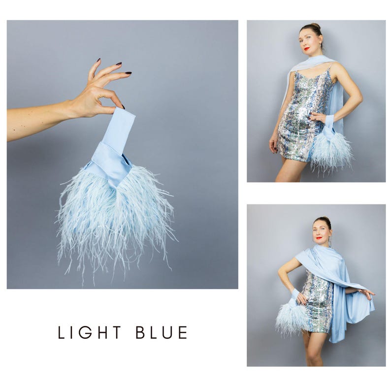 May include: A light blue clutch bag with feather detailing, shown with a matching shawl and a silver sequin mini dress. The image includes the text "LIGHT BLUE" at the bottom. The overall theme is fashion.