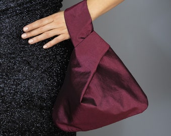 Japanese knot bag purse clutch taffeta 100% burgundy red ,party bag,special occasion, simple and elegant bag ,  evening dress ,  prom purse