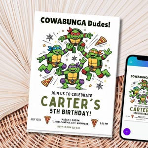 May include: A white invitation with the text "COWABUNGA Dudes!" and "CARTER'S 5TH BIRTHDAY!" features cartoon turtles and pizza slices. A smartphone displays the same invitation. The background is a woven, beige fan.