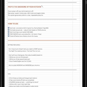 Könnte beinhalten: Ein digitales Dokument mit dem Titel „WEEKLY PREP SHEET SYSTEM“ von Mise en Profit. Das Dokument umreißt Küchenvorbereitungsprozeduren, einschließlich der Verwendung des Systems, der Festlegung von Par-Levels und Tipps zur Implementierung. Das Dokument wird auf einem schwarzen Tablet angezeigt.