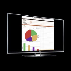 Peut inclure: Un téléviseur grand écran affichant un tableau de bord d'ingénierie de menu avec des tableaux de données, un graphique à secteurs multicolore et un graphique à barres. L'écran affiche du texte dont Menu Health et Menu Classification Breakdown.