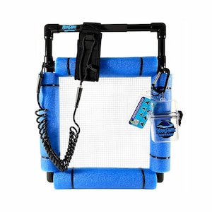 May include: A blue and black Moonshark sifter with a mesh net, foam floats, and a wrist strap. The sifter has a clear waterproof case and a black coiled leash. The Moonshark logo is visible on the case.