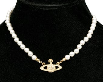 Vivienne Westwood Pearl Necklace, Gold Tone Orb Pendant, Faux Pearl Beaded Choker, Signature Saturn Orb Jewelry