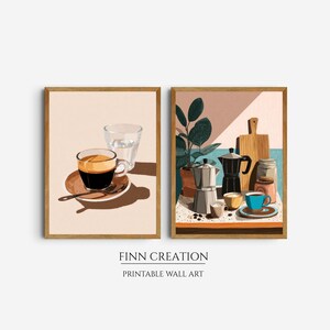 Antique Coffee Print Set of 2, Espresso Still Life, Vintage Coffee Wall Art, Moka Pot Painting (Digital Download)