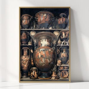 May include: A framed print featuring a collection of ancient Greek pottery displayed on shelves. The pottery includes various shapes and sizes of vases, amphorae, and urns, with detailed illustrations in shades of red, black, and brown. The print is in a gold frame.