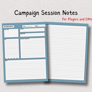 Puede incluir: Cuaderno abierto con bordes azules y el texto "Campaign Session Notes" y "For Players and DMs!". Las páginas del cuaderno son blancas con secciones con líneas azules para notas. La página izquierda tiene secciones etiquetadas como "Session Notes" y "Notes".
