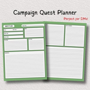 Peut inclure: Un carnet de planification de quête de campagne vert et blanc. Le carnet est ouvert, affichant des pages lignées pour les détails de la quête, les indices et les récompenses. Le texte "Campaign Quest Planner" est en haut, avec "Perfect for DMs!" en dessous.