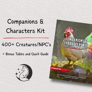 Könnte beinhalten: Buchcover für ein "Companions & Characters Kit" mit einer farbenfrohen Hahn-Illustration. Der Text enthält "400+ Kreaturen/NPCs" und "Bonustabellen und Schnellübersicht". Ein Logo mit einem Fuchs ist ebenfalls vorhanden.