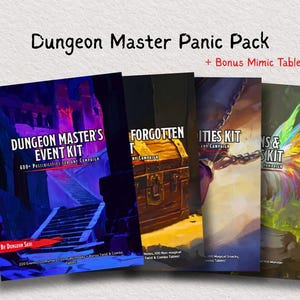 Könnte beinhalten: Eine Sammlung von vier Fantasy-Spiel-Kits, darunter "Dungeon Master's Event Kit" und "Forgotten Kit". Die Cover zeigen Illustrationen einer Treppe, einer Schatztruhe und eines bunten Vogels. Der Text "Dungeon Master Panic Pack" steht oben.