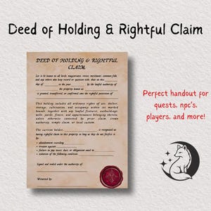 May include: A parchment-style document titled "Deed of Holding & Rightful Claim" with text and a red wax seal. The document is designed for quests, NPCs, and players. A black and white logo of a fox on a crescent moon is in the lower right corner.