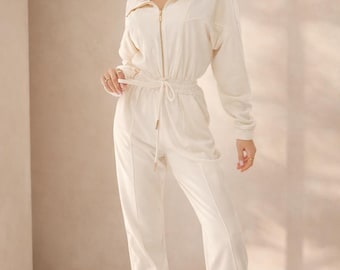 Creme Samt Jumpsuit, Weiches Velour Lounge Set, Gemütliches Zip Outfit, Lässiger Chic