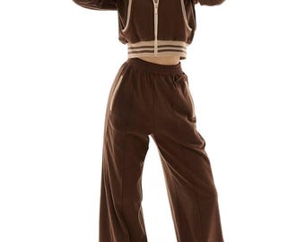 Brown Velour Lounge Set, Women’s Two Piece Outfit, Cropped Zip Jacket, Wide Leg Pants