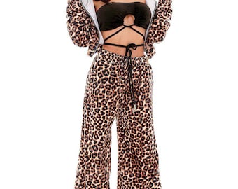 Velour Leopard Tracksuit Set Women Two Piece Jacket and Pants Cozy