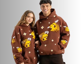 Felpa con cappuccio oversize Pixel Bee – Felpa da gamer streetwear in morbido pile