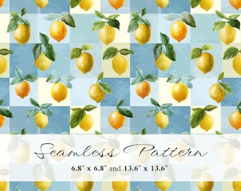 Watercolor Lemon Seamless Pattern, Mediterranean Citrus Digital Paper, Blue Tile Fruit Background, Printable Scrapbook Paper, Commercial Use