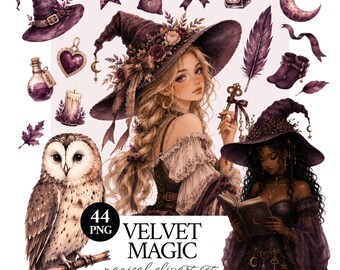 Witch Clipart PNG Bundle, Watercolor Witchcore Magical Set, Halloween, Fantasy, Booktok, Dark Cottagecore, Commercial Use
