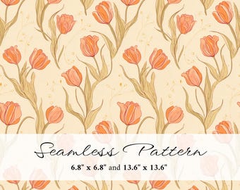 Peach Tulip Seamless Pattern, Elegant Floral Digital Paper, Botanical Spring Background, Printable Scrapbook Paper, Commercial Use, PNG